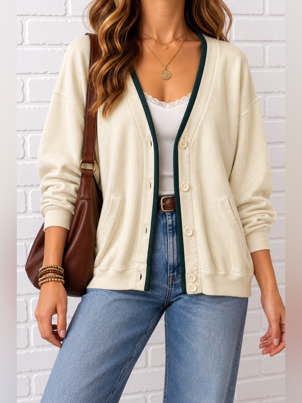 Vintage 90s GAP L Cream Green Sweatshirt Cardigan academia Preppy